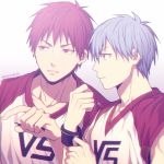  2boys akashi_seijuurou bangs basketball_uniform blue_eyes blue_hair closed_mouth clothes_writing collarbone commentary_request fingernails grey_background hair_between_eyes kuroko_no_basuke kuroko_tetsuya lens_flare looking_to_the_side male_focus mashima_shima multiple_boys parted_lips pointing pointing_to_the_side red_eyes red_hair serious shirt short_hair simple_background sleeveless sleeveless_shirt sportswear sweatband twitter_username upper_body white_shirt 