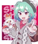  1girl adan_imas backpack bag cardigan cosplay fang gen_8_pokemon gloria_(pokemon) gloria_(pokemon)_(cosplay) green_hair grey_cardigan hair_bun hat highres holding holding_poke_ball hololive pointing poke_ball pokemon pokemon_(game) pokemon_swsh red_background red_eyes scorbunny tam_o&#039;_shanter uruha_rushia virtual_youtuber 