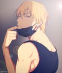  1boy bangs bare_shoulders black_shirt blonde_hair commentary_request earrings from_side glint gradient gradient_background grey_background hair_between_eyes hand_up jewelry kise_ryouta kuroko_no_basuke looking_at_viewer male_focus mashima_shima mask mask_pull mouth_mask parted_lips pulled_by_self shirt short_hair simple_background sleeveless sleeveless_shirt solo surgical_mask toned toned_male twitter_username upper_body yellow_eyes 