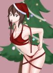  1girl bangs bikini bikini_pull bluff260 blurry blurry_background breasts brown_eyes brown_hair christmas christmas_tree cleavage closed_mouth commentary cowboy_shot eyebrows_visible_through_hair girls_und_panzer hat highres leaning_forward looking_at_viewer medium_hair mouth_hold navel nishizumi_maho o-ring o-ring_bikini pulled_by_self red_bikini red_headwear red_ribbon ribbon ribbon_in_mouth santa_bikini santa_hat short_hair solo standing swimsuit 