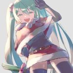  1girl aqua_eyes aqua_hair arm_behind_back belt black_gloves black_legwear black_shirt capelet christmas elbow_gloves food from_below fur-trimmed_capelet fur-trimmed_skirt fur_trim gloves grey_background half-closed_eyes hand_up hatsune_miku holding holding_food holding_spring_onion holding_vegetable ito_taera long_hair looking_at_viewer miniskirt red_capelet red_skirt ribbon santa_costume shirt sidelighting skirt smile spring_onion thighhighs twintails twitter_username vegetable very_long_hair vocaloid waving zettai_ryouiki 