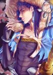  1boy abs black_background blue_hair bracelet capelet cigarette cu_chulainn_(fate)_(all) cu_chulainn_(fate/grand_order) dragonmary99 earrings fate/grand_order fate_(series) fur-trimmed_hood fur_trim grin holding holding_polearm holding_weapon hood hood_up hooded_capelet jewelry long_hair looking_at_viewer looking_back male_focus muscular polearm red_eyes simple_background skin_tight smile smoke solo spiked_hair type-moon weapon 