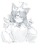  1girl animal animal_ear_fluff animal_ears bangs breasts glasses greyscale highres hololive looking_at_viewer looking_down medium_breasts monochrome nosir_onadat open_mouth radio_antenna roboco-san robosaa_(roboco) short_hair smile solo_focus virtual_youtuber wifi_symbol 