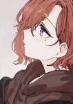  1girl brown_hair close-up commentary_request film_grain from_side hair_ornament hair_over_one_eye hairclip highres higuchi_madoka idolmaster idolmaster_shiny_colors looking_away mole mole_under_eye purple_eyes short_hair solo sweatshirt tenoo12 upper_body 