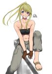  1girl bangs blonde_hair blue_hair blush breast_press breasts brown_footwear brown_gloves c-da cleavage ear_piercing eyebrows_visible_through_hair fullmetal_alchemist gloves grey_pants grin highres large_breasts long_hair pants piercing ponytail sandals sidelocks simple_background smile solo strapless tubetop white_background winry_rockbell 