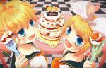  1boy 1girl bangs bass_clef black_collar blonde_hair blue_eyes bow cake checkered checkered_floor collar commentary food fork from_above from_behind hair_bow hair_ornament hairclip headphones headset heart highres holding holding_fork kagamine_len kagamine_rin kanami_(knmstar) layered_cake looking_at_viewer looking_back neckerchief necktie sailor_collar school_uniform shirt short_hair short_ponytail sparkle spiked_hair swept_bangs table treble_clef upper_body vocaloid white_bow white_shirt yellow_neckwear 