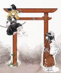  2girls ^_^ black_dress black_hair blonde_hair bow broom broom_riding closed_eyes closed_mouth commentary_request crack cravat detached_sleeves dress full_body gohei hair_bow hair_ribbon hakurei_reimu hat hat_ribbon highres holding holding_stick kaigen_1025 kirisame_marisa long_hair medium_hair multiple_girls ofuda petticoat ponytail red_dress ribbon ribbon-trimmed_sleeves ribbon_trim sitting smile socks standing stick torii touhou wavy_hair white_background white_bow white_legwear white_neckwear white_ribbon white_sleeves witch_hat 