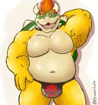  2020 absurd_res anthro armpit_hair belly body_hair bowser clothing eeveecholo hi_res koopa male mario_bros navel nintendo overweight overweight_anthro overweight_male scalie simple_background solo underwear video_games 