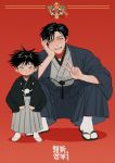  2boys bangs black_hair black_kimono blue_eyes closed_mouth father_and_son full_body fushiguro_megumi fushiguro_touji grin hair_between_eyes hakama head_rest highres japanese_clothes jujutsu_kaisen kimono li_chestnuts long_sleeves looking_at_viewer multiple_boys red_background sandals scar scar_on_face short_hair simple_background smile spiked_hair squatting tabi v wide_sleeves younger 