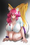  5_fingers absurd_res animal_humanoid big_breasts big_tail biped bottomwear bracelet breasts canid canid_humanoid canine canine_humanoid caster_tamamo-no-mae cleavage clothed clothing eyelashes fate_(series) female fingers footwear fox_humanoid front_view fully_clothed fur glistening glistening_hair gradient_background hair hi_res high-angle_view huge_breasts humanoid humanoid_hands inner_ear_fluff jewelry kneeling light_body light_skin long_hair looking_at_viewer mammal mammal_humanoid monotone_hair nipple_outline pink_hair ponytail pupils purple_bottomwear purple_clothing purple_skirt shirt shoes simple_background skirt slit_pupils solo topwear tuft two_tone_tail uc_(artist) white_clothing white_shirt white_topwear yellow_body yellow_eyes yellow_fur 