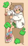  1girl absurdres bangs bubble_tea drawstring drink full_body green_eyes green_shorts grey_hair highres holding holding_drink hood hood_down hoodie long_sleeves midriff navel original phone pink_footwear shoes short_hair shorts solo white_hoodie yoineko 