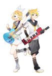  1boy 1girl absurdres arm_up arm_warmers bangs bare_shoulders black_collar black_shorts blonde_hair blue_eyes bow collar commentary crop_top electric_guitar fortissimo full_body grey_collar grey_sleeves grin guitar hair_bow hair_ornament hairclip headphones heart highres holding holding_instrument instrument kagamine_len kagamine_len_(vocaloid4) kagamine_rin kagamine_rin_(vocaloid4) keytar leg_warmers looking_at_viewer miniskirt music nail_polish neckerchief necktie official_art omutatsu one_eye_closed open_mouth outstretched_arm playing_instrument pleated_skirt sailor_collar school_uniform see-through_sleeves shirt short_hair short_ponytail short_sleeves shorts skirt sleeveless sleeveless_shirt smile spiked_hair standing star_(symbol) star_hair_ornament suspenders swept_bangs v4x vocaloid vocaloid_boxart_pose white_background white_bow white_footwear white_shirt white_skirt yellow_nails yellow_neckwear 