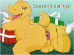  agumon anus balls barefoot benjibat border butt christmas claws digimon digimon_(species) feet genitals gift hi_res holidays leaning leaning_forward lying male mistletoe nude on_front plant presenting presenting_anus presenting_hindquarters puffy_anus raised_leg raised_tail teeth text toes tongue tongue_out white_border yellow_body yellow_skin 