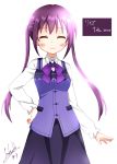  1girl ^_^ absurdres blush bow closed_eyes eyebrows_visible_through_hair gochuumon_wa_usagi_desu_ka? highres long_hair looking_at_viewer march_(sakamoto_takuya) purple_eyes purple_hair purple_vest rabbit_house_uniform signature smile tedeza_rize twintails vest 