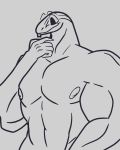  4:5 absurd_res anthro barazoku biceps digital_media_(artwork) dromaeo-tsar hank_(dromaeo-tsar) hi_res lizard male monitor_lizard muscular muscular_anthro muscular_male nipples nude pecs reptile scalie simple_background smile solo tongue tongue_out 
