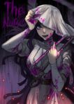  1girl bangs black_hair blood blood_on_face bloody_clothes bonesaw breasts commentary_request cosplay cowboy_shot danganronpa_(series) danganronpa_2:_goodbye_despair doggye_(zginrwsn) hands_up highres holding holding_weapon knife large_breasts long_hair long_sleeves looking_at_viewer nurse one_eye_covered open_mouth purple_eyes purple_hair saw smile solo the_nurse_(dead_by_daylight) the_nurse_(dead_by_daylight)_(cosplay) tsumiki_mikan upper_teeth very_long_hair weapon 