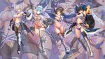  4girls adapted_costume armor bikini_armor black_hair blue_background blue_eyes blue_hair brown_hair cosplay full_body hamakaze_(azur_lane) hamakaze_(kantai_collection) highres isokaze_(kantai_collection) kantai_collection ku_koro long_hair moke_ro multiple_girls namesake pubic_tattoo short_hair silver_hair sword tanikaze_(kantai_collection) tattoo urakaze_(kantai_collection) weapon yellow_eyes 