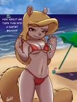  2020 3:4 5_fingers animaniacs anthro beach bikini bikini_bottom bikini_top bite biting_lip biting_own_lip blonde_hair boat book breasts captions clothing cloud detailed_background english_text female fingers fur green_eyes hair hi_res humanoid_hands lemon long_hair looking_at_viewer mammal manwiththemole minerva_mink mink multicolored_body multicolored_fur mustelid musteline outside pink_nose plantigrade red_clothing sand sea seaside self_bite signature smile sofus solo straw swimwear text towel two_tone_body two_tone_fur umbrella undressing vehicle warner_brothers water watercraft white_body white_fur yellow_tail 