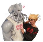  ? biceps black_clothing black_sclera black_topwear blonde_hair blush clothed clothing duo eyes_closed grey_body grey_skin grey_tentacles hair human mammal monotone_body monotone_skin monotone_tentacles multicolored_clothing pink_clothing pink_topwear red_clothing shirt simple_background sleeveless_topwear species_request suto teeth tentacles text text_on_clothing text_on_shirt text_on_topwear tongue topwear two_tone_clothing white_background yellow_eyes 