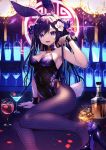  1girl :d animal_ears arm_support arm_up armpits bar bare_arms bare_shoulders black_choker black_footwear black_hair black_leotard bow breasts brown_legwear bunny_ears bunny_tail choker cleavage cocktail_glass covered_navel cup dark drinking_glass fake_animal_ears fake_tail fang fishnet_legwear fishnets glint hair_bow high_heels highleg highleg_leotard honeycomb_(pattern) large_breasts leotard long_hair looking_at_viewer natsuiro_xx no_bra open_mouth original pantyhose purple_eyes sitting smile solo strapless strapless_leotard tail wrist_cuffs 