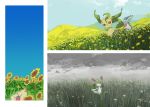  1girl apios1 bag bangs blue_sky brown_sclera child closed_eyes closed_mouth cloud cloudy_sky colored_skin commentary creatures_(company) cutiefly day female field flower flower_field flower_wreath from_side full_body game_freak gen_1_pokemon gen_2_pokemon gen_4_pokemon gen_7_pokemon grass green_hair green_skin hair_over_one_eye happy highres leafeon looking_up medium_hair mountainous_horizon multicolored multicolored_skin multiple_views nintendo no_mouth outdoors path pokemon pokemon_(creature) road sitting sky standing sunflora sunflower two-tone_skin vaporeon white_eyes white_flower white_skin yellow_flower 