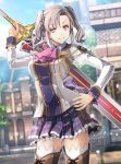  1girl aurelia_le_guin blue_sky boots breasts building cherry_blossoms collared_shirt cross-laced_footwear day eiyuu_densetsu eyebrows_visible_through_hair greatsword hajimari_no_kiseki holding holding_sword holding_weapon lace-up_boots large_breasts looking_at_viewer military purple_eyes school_uniform shirt silver_hair skirt sky smile sword sword_behind_back thighhighs twintails weapon younger 