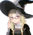  1girl absurdres arm_up bangs blonde_hair blue_eyes closed_mouth commission commissioner_upload cosplay fire_emblem fire_emblem_awakening fire_emblem_fates glasses hand_on_eyewear hat highres looking_at_viewer miriel_(fire_emblem) miriel_(fire_emblem)_(cosplay) nolepsantuy ophelia_(fire_emblem) solo upper_body witch_hat 