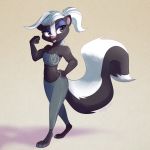  1:1 2020 anthro barefoot black_body black_fur blep clothed clothing courtney_brushmarke female fully_clothed fur hair hi_res light lighting mammal mephitid midriff pink_nose ribbontini signature simple_background skunk solo tongue tongue_out white_body white_fur white_hair 