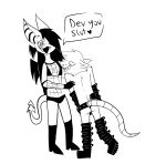  anthro bdsm_gear bondage_gear boots bulge butt chiropteran clothed clothing demon demon_bat didelphid facial_hair fangs female fishnet footwear hi_res larger_female male male/female mammal marsupial monochrome partially_clothed size_difference virginia_opossum wings 