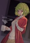  1girl alternate_costume bangs blurry blurry_background bob_cut commentary cowboy_shot cup green_hair hand_up highres holding holding_cup indoors kanpa_(campagne_9) kazami_yuuka knit_sweater light_blush light_smile looking_at_viewer red_eyes ribbed_sleeves ribbed_sweater short_hair sidelocks solo steam sweater touhou turtleneck turtleneck_sweater white_sweater 