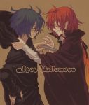  2boys adlet_myer black_cape blush brown_background cape cloak closed_eyes en_(tenentan) gradient_hair hair_between_eyes halloween hands_on_hips hans_humpty holding holding_knife hood knife long_hair long_sleeves looking_at_another multicolored_hair multiple_boys orange_hair pointy_ears profile red_hair rokka_no_yuusha smile very_long_hair 