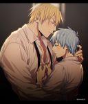  2boys arm_around_waist bangs black_neckwear blonde_hair blue_eyes blue_hair blush collared_shirt commentary_request couple from_side gradient gradient_background hair_between_eyes hand_on_another&#039;s_neck hug kise_ryouta kuroko_no_basuke kuroko_tetsuya letterboxed looking_at_another looking_down male_focus mashima_shima multiple_boys necktie parted_lips partially_unbuttoned pectorals school_uniform shirt short_hair sweat toned toned_male twitter_username undone_necktie undressing_another upper_body white_shirt yaoi yellow_eyes 
