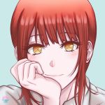  1girl bangs blue_background blush chainsaw_man commentary eve_(pixiv25240695) eyelashes face highres looking_at_viewer makima_(chainsaw_man) signature simple_background solo tagme 