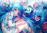  1girl absurdres blue_eyes blue_hair blue_nails blue_theme bowl candy curled_up dress food heart heart-shaped_pupils highres holding holding_candy holding_food holding_heart huge_filesize long_hair open_mouth original pink_heart solo star_(symbol) strap_slip symbol-shaped_pupils uukata white_dress 
