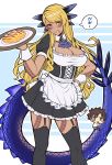  1boy 1girl alternate_costume apron blonde_hair breasts brown_hair chaldea_uniform chibi cleavage dragon_girl dragon_horns dragon_tail dress enmaided fate/grand_order fate_(series) food frilled_apron frills fujimaru_ritsuka_(male) highres holding holding_plate holding_tray horns ketchup large_breasts looking_at_viewer maid maid_apron omelet omurice parody plate puffy_sleeves riyo_(lyomsnpmp)_(style) sanmotogoroo sharp_teeth skirt smile style_parody tail teeth thighhighs tray vritra_(fate) waist_apron white_apron yellow_eyes 