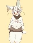  &lt;3 &lt;3_eyes 3:4 accessory anthro backwards_virgin_killer_sweater barefoot blush bottomless breasts clothed clothing covering covering_breasts ear_piercing exposed_breasts female fur grey_hair hair hair_accessory hair_bun hairclip hi_res highlights_(coloring) kemono kneeling lagomorph leporid looking_at_viewer mammal meme meme_clothing mikeyama open_mouth partially_clothed piercing plantigrade rabbit simple_background solo sweater topwear virgin_killer_sweater white_body white_fur white_hair yellow_background 