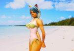  3d_(artwork) beach bikini blonde_hair canid canine clothing collar digital_media_(artwork) elise_(greyhunter) female fox fur green_eyes hair happy mammal orange_body orange_fur pet pose sea seaside smile smiling_at_viewer solo swimwear water 