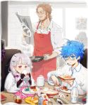  1girl 2boys apron bacon bags_under_eyes baguette beard blue_eyes blue_hair body_markings bottle bow braid bread bread_slice breakfast broccoli brown_hair buster_shirt butter butter_knife cereal cereal_box cheese child_drawing cup doll_joints drinking egg eyebrows_behind_hair facial_hair fate_(series) food fork fried_egg fruit frying_pan glasses hair_bow hair_ornament hairclip hans_christian_andersen_(fate) hat hat_removed hat_ribbon headwear_removed holding holding_food holding_frying_pan jam jar joints milk milk_bottle mug multiple_boys mushroom mustache newspaper nonockha notebook nursery_rhyme_(fate/extra) orange_juice pitcher placemat plate pocket purple_eyes ribbon sausage semi-rimless_eyewear sitting sleeves_rolled_up standing steam strawberry syrup toast tomato tray white_hair william_shakespeare_(fate) 