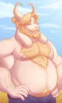  anthro arm_hair asgore_dreemurr beard belly blonde_hair blue_bottomwear blue_clothing blue_pants blue_sky body_hair boss_monster bottomwear bovid caprine chest_hair clothed clothing cloud eyes_closed facial_hair flower fur hair hands_on_hips hi_res horn male mammal moobs musclegut mustache nipples outside overweight overweight_anthro overweight_male pants plant sky solo thediyemi topless undertale video_games white_body white_fur 