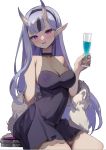  1girl arm_behind_back bare_shoulders black_dress blush breasts champagne_flute cleavage cowboy_shot cup dress drinking_glass empty_eyes fang from_side halter_top halterneck head_tilt horns jewelry large_breasts light_purple_hair long_hair looking_at_viewer mole mole_under_mouth multicolored_hair nijisanji oni oni_horns pink_eyes pointy_ears rindou_mikoto seinen short_dress single_earring single_sidelock sitting skin_fang sleeveless sleeveless_dress smile solo streaked_hair virtual_youtuber 