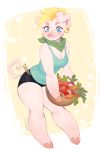 anthro basket blonde_hair blue_clothing blue_eyes breasts carrot chopsticks clothing curled_tail domestic_pig ear_piercing ear_ring female floppy_ears food fruit green_clothing hair hi_res hooves lunaris21 mammal piercing pink_body plant radish scarf shirt smile solo spats suid suina sus_(pig) tank_top tomato topwear vegetable 