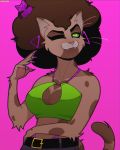  4:5 afro anthro belt big_breasts bottomwear breasts brush claws clothing comb_(brush) eyelashes fangs felid feline female floating_ear_ring green_clothing green_eyes hairbrush hi_res mammal markings_(fur) pants pawpads pink_nose rexumin simple_background solo thong topwear underwear 