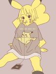  &lt;3_tail anthro anthrofied baggy_clothing baggy_shirt baggy_topwear bandage blonde_hair blush blush_stickers bottomwear brown_background cellphone charger charging_battery cleft_tail clothed clothing female footwear fur hair hi_res kemono korean_text leaning leaning_back looking_at_viewer mammal meme mikeyama nintendo object_in_mouth oversized_shirt phone pikachu pok&eacute;mon pok&eacute;mon_(species) pok&eacute;morph rodent sandals shirt simple_background sitting skirt solo super_smash_bros. text topwear translation_request video_games yellow_body yellow_fur 