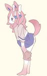  accessory anthro anthrofied barefoot blue_eyes bottomwear bottomwear_pull butt clothed clothing clothing_pull eeveelution female fur hair hair_accessory hair_bow hair_ribbon hi_res kemono leaning leaning_forward mammal mikeyama nintendo panties panties_down pants pants_down pants_pull partially_clothed pink_hair pok&eacute;mon pok&eacute;mon_(species) pok&eacute;morph raised_tail ribbons shorts side_view simple_background solo sweater sylveon topwear underwear underwear_down undressing video_games white_body white_fur 