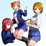  3girls :d blazer blue_background blue_neckwear blue_skirt bow bowtie brown_hair cat_ear_panties cat_tail eyebrows_visible_through_hair gradient gradient_background hair_between_eyes highres hoshizora_rin jacket kemonomimi_mode koizumi_hanayo legs long_sleeves looking_at_viewer love_live! love_live!_school_idol_project multiple_girls nakano_maru nishikino_maki open_mouth orange_hair panties plaid plaid_skirt purple_eyes red_hair school_uniform shirt short_hair skirt smile tail underwear upper_body white_shirt yellow_eyes 