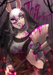  1girl axe belt blood blood_on_face bloody_clothes breasts broken_mask brown_hair character_name commentary_request cosplay danganronpa_(series) danganronpa_2:_goodbye_despair dead_by_daylight doggye_(zginrwsn) habit hands_up highres holding holding_axe holding_weapon long_sleeves mask medium_breasts medium_hair nanami_chiaki parted_lips pink_blood pink_eyes smile solo teeth the_huntress_(dead_by_daylight) the_huntress_(dead_by_daylight)_(cosplay) upper_body weapon 