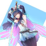  1girl absurdres alternate_costume armpits arms_up bangs blue_eyes blue_hair butterfly_wings falchion_(fire_emblem) fire_emblem fire_emblem_awakening fire_emblem_heroes hair_between_eyes highres holding holding_sword holding_weapon long_hair lucina_(fire_emblem) official_alternate_costume smile solo sword thefarelo tiara weapon wings 