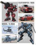  aircraft autobot blue_eyes car character_name claws cliffjumper ground_vehicle gun hand_on_hip helicopter holding holding_gun holding_weapon horns kaman_k-max looking_to_the_side mecha mini_cooper mini_cooper_countryman motor_vehicle no_humans one-eyed redesign reference_photo_inset theamazingspino transformers weapon whirl yellow_eyes 
