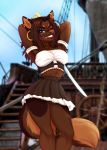  2020 anthro breasts bronw_hair brown_body brown_fur canid canine canis day detailed_background digital_media_(artwork) domestic_dog ei-ka eyebrows eyelashes female fur heterochromia hi_res looking_at_viewer mammal outside sky smile solo 