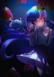  1girl absurdres blue_background blue_hair blurry collared_shirt eyebrows_visible_through_hair film_grain flower frown furude_rika glowing glowing_eyes highres higurashi_no_naku_koro_ni holding holding_hair huge_filesize long_hair pleated_skirt purple_ribbon red_eyes ribbon school_uniform shirt short_hair skirt solo suspender_skirt suspenders uukata white_shirt 